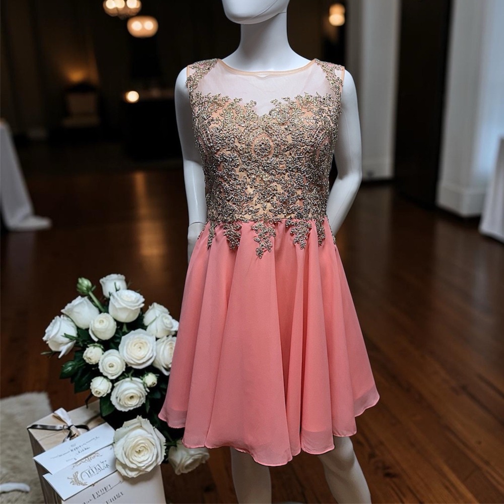 GLS Ladies Rhinestone Embellished Pink & Gold Formal Gown Gorgeous! Sz Large